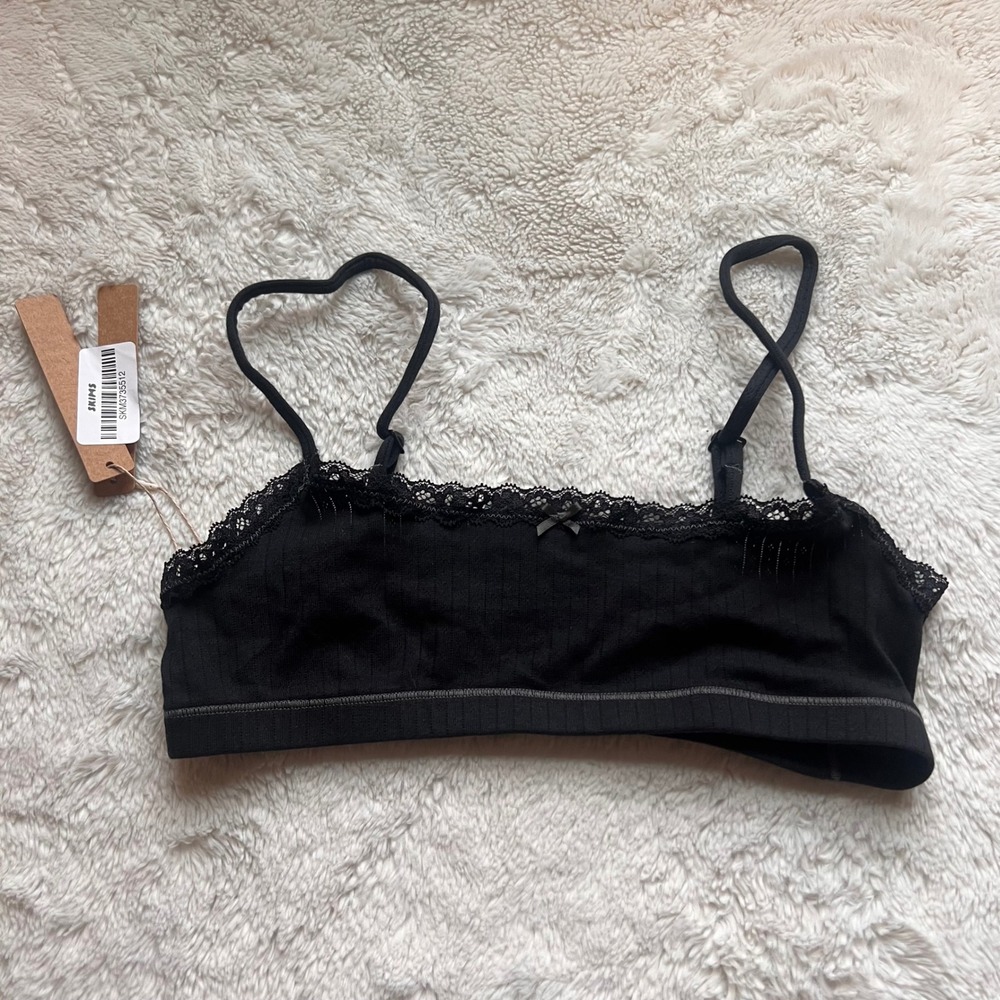 SKIMS Women's Cotton Pointelle Scoop Bralette Soot Tonal Black S BR-BRL-11251W